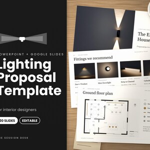 May include: A digital lighting proposal template for PowerPoint and Google Slides featuring 20 editable slides. The design includes a black cover with white text and preview pages showing interior lighting layouts, floor plans, and a pencil.