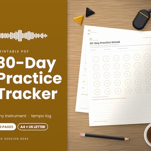 May include: A printable 30-Day Practice Tracker PDF document with a sound wave graphic, featuring a grid of numbered circles for tracking progress, a tempo log, and lines for notes, displayed alongside a pencil and headphones.