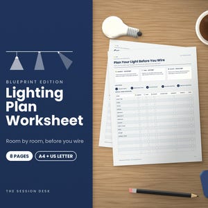 May include: A Lighting Plan Worksheet document with 8 pages in A4 and US Letter sizes. The cover features a dark blue background with white text reading Blueprint Edition Lighting Plan Worksheet, Room by room, before you wire.