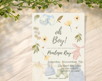 ¡Qué bien! Invitación para baby shower: Plantilla de diseño delicado y neutro, fácilmente editable (incluye tarjeta de bingo).