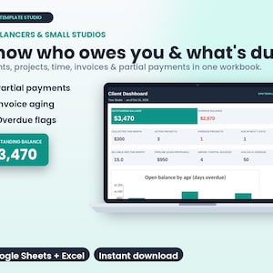 May include: A digital dashboard template for freelancers and small studios titled CPM Template Studio. It displays financial metrics like outstanding balance, invoice aging, and overdue flags, compatible with Google Sheets and Excel.