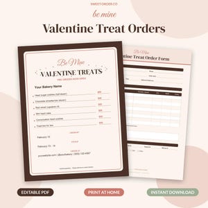 Pode incluir: Um modelo de formulário de pedido de doces para o Dia dos Namorados com borda marrom escura e fundo creme. O documento inclui seções para o nome da padaria, itens e detalhes do pedido. Texto: Sweet Order Co, Be Mine, Valentine Treat Orders.