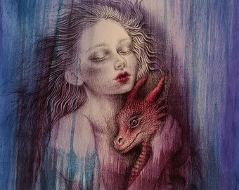 Dibujo original en tinta sobre madera: Cómo el arquetipo se enfrenta al dragón / Arte espiritual simbólico (30 x 24 x 2 cm)