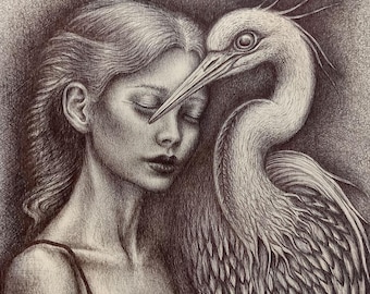 Dibujo original a tinta sobre madera: Mujer con garza, arquetipo de «La Creadora» / Arte espiritual simbólico (30 x 24 x 2 cm)