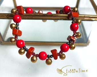 Pulsera única_Piedras curativas y campanas_Coral rojo