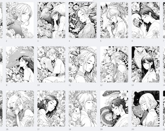 21 páginas para colorear de anime, naturaleza y animales (tamaño carta estadounidense, 8,5 x 11 pulgadas) (PDF)