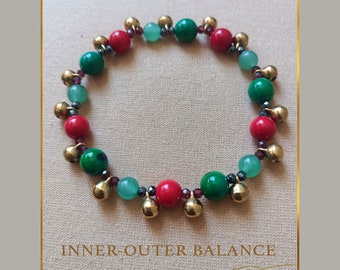 Pulsera de Cuentas Única con Piedras Curativas y Campanas – Crisocola, Coral Rojo, Aventurina, Hematita – Hecha a Mano en Italia