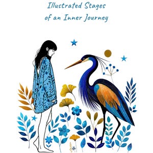 Può includere: Copertina di un libro con il titolo "Listening to the Archetypes" e il sottotitolo "Illustrated Stages of an Inner Journey". L'illustrazione presenta una donna con un cappotto blu, un airone blu ed elementi floreali blu, gialli e marroni.