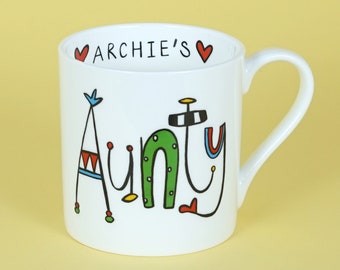Aunty or Auntie Mug, Can be personalised with any name, Fine bone china Auntie mug, Personalized name mug, Custom family mug.