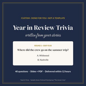 Juego de preguntas y respuestas personalizado para Nochevieja, resumen del año sobre tu grupo, juego personalizado para la fiesta de Nochevieja, 40 preguntas, diapositivas + PDF