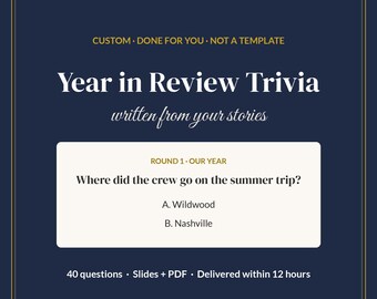 Custom New Years Eve Trivia Game, Year in Review Trivia About Your Group, Personalized NYE Party Game, 40 Questions, Slides + PDF