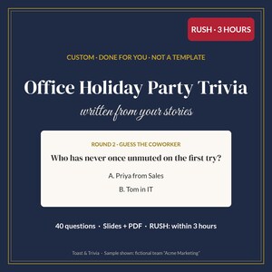 RUSH 3 horas Trivia personalizada para fiestas navideñas de oficina, Trivia en equipo para la fiesta de Navidad del trabajo, Presencial o Zoom, Personalizada, Diapositivas