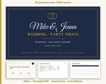 Juego de preguntas y respuestas personalizado para bodas, Trivia personalizada para parejas, Juego para despedida de soltera, Juego para fiesta de cumpleaños, jubilación o reunión, Diapositivas + PDF, Fiesta