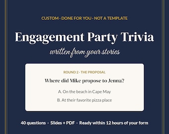 Juego para fiesta de compromiso, Trivia personalizada sobre la pareja, 40 preguntas, Trivia personalizada para parejas, Diapositivas + PDF