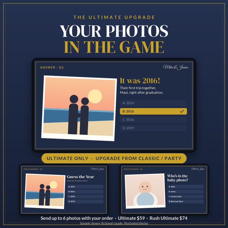 Gioco a quiz personalizzato per matrimoni, quiz personalizzato per coppie, gioco per addio al nubilato, gioco per feste di compleanno e pensionamento, consegna rapida in 3 ore, definitivo immagine 2