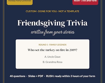 RUSH 3 Hour Custom Friendsgiving Trivia Game, Thanksgiving Family Trivia, Personalized Thanksgiving Game, 40 Qs, Slides + PDF