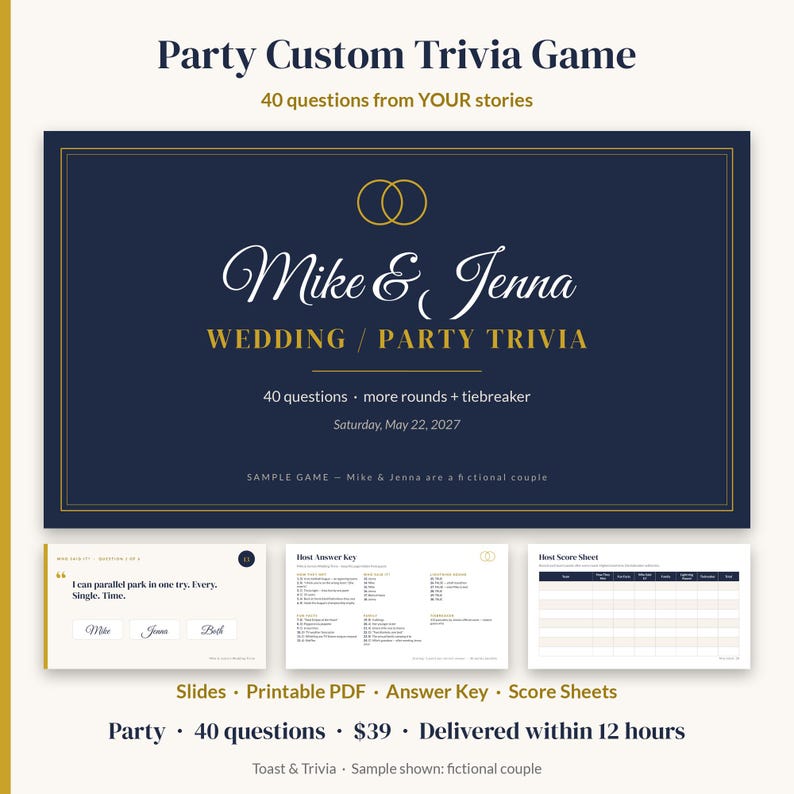 Custom Wedding Trivia Game, Personalized Couples Trivia, Bridal Shower Game, Birthday Retirement Reunion Party Game, Slides + PDF, Party imagen 1