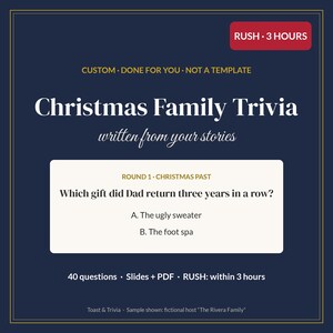 RUSH Juego de preguntas y respuestas navideñas familiares personalizado de 3 horas, juego personalizado para fiestas navideñas sobre tu familia, 40 preguntas, diapositivas + PDF