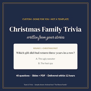 Juego de preguntas y respuestas navideño personalizado para la familia, juego de fiesta navideño personalizado sobre tu familia, 40 preguntas, diapositivas + PDF imprimible