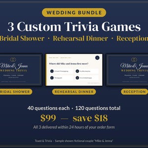 Pacchetto quiz per matrimoni: addio al nubilato + cena di prova + ricevimento, 3 giochi quiz personalizzati per le coppie, diapositive per quiz personalizzate per la festa + PDF immagine 1