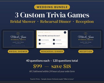 Wedding Trivia Bundle: Bridal Shower + Rehearsal Dinner + Reception, 3 Custom Couples Trivia Games, Personalized Party Trivia Slides + PDF