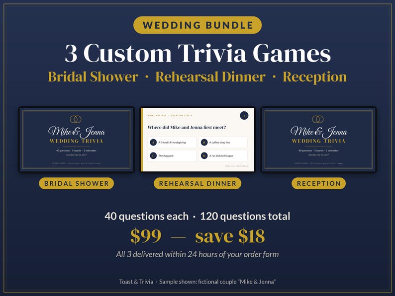 Pacchetto quiz per matrimoni: addio al nubilato + cena di prova + ricevimento, 3 giochi quiz personalizzati per le coppie, diapositive per quiz personalizzate per la festa + PDF immagine 1