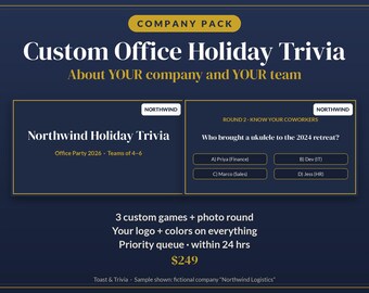 Kit di giochi a quiz per la festa aziendale di Natale, 3 giochi a quiz personalizzati con il tuo marchio + round fotografico, il tuo logo, consegna prioritaria, diapositive per giochi per eventi aziendali