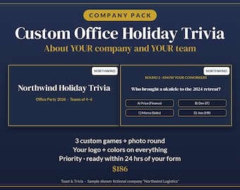 Company Holiday Party Trivia Pack, 3 Custom Branded Trivia Games + Photo Round, Your Logo, Ready in 24 Hours, Corporate Event Game Slides