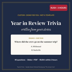 Juego de preguntas y respuestas personalizado de 3 horas para Nochevieja, resumen del año sobre tu grupo, juego personalizado para la fiesta de Nochevieja, diapositivas + PDF