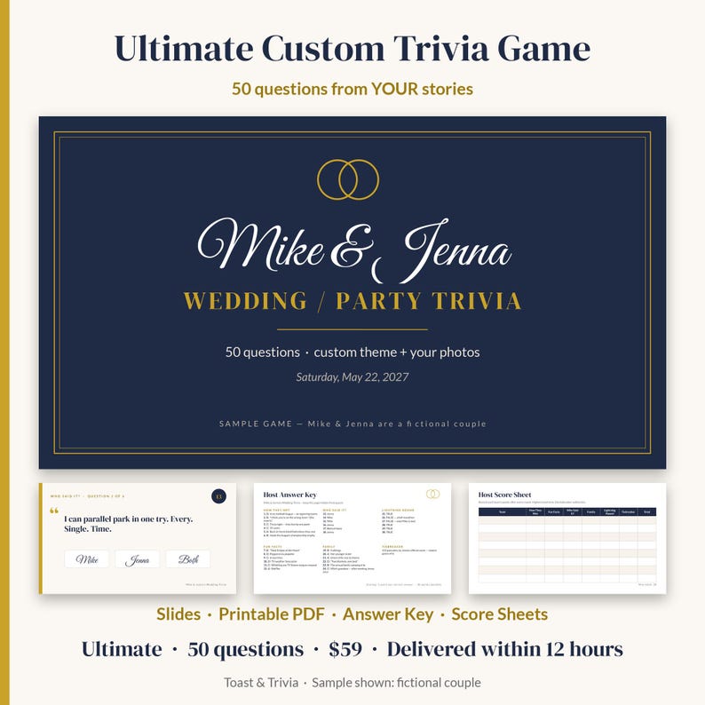 Custom Wedding Trivia Game, Personalized Couples Trivia, Bridal Shower Game, Birthday Retirement Reunion Party Game, Slides + PDF, Ultimate imagen 1