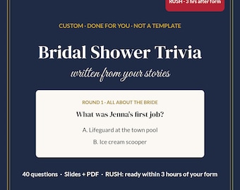 RUSH 3 Hour Bridal Shower Trivia Game, Custom How Well Do You Know the Bride, Personalized Bridal Shower Game, 40 Qs, Slides + PDF