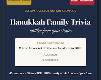 Juego de preguntas y respuestas personalizado de Janucá para la familia, de 3 horas de duración, juego personalizado para fiestas de Janucá sobre tu familia, 40 preguntas, diapositivas + PDF