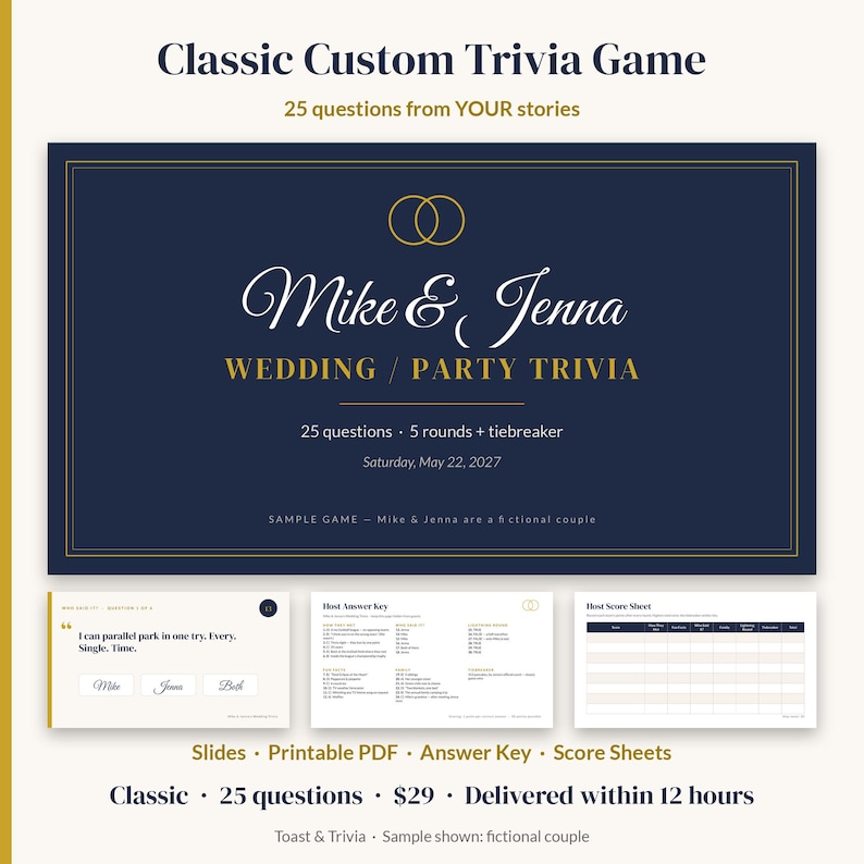 Custom Wedding Trivia Game, Personalized Couples Trivia, Bridal Shower Game, Birthday Retirement Reunion Party Game, Slides + PDF, Classic imagen 1