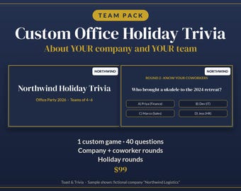 Gioco a quiz per la festa aziendale di Natale, quiz personalizzato sul tuo team, 40 domande, gioco per la festa di Natale in ufficio, diapositive modificabili + PDF