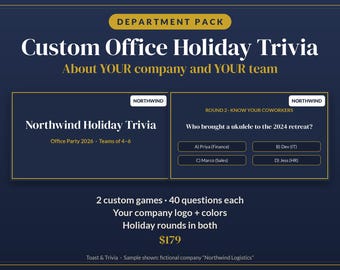 Quiz aziendale personalizzato per le festività, 2 giochi a quiz aziendali con il vostro logo, 80 domande, gioco per la festa di Natale aziendale, diapositive + PDF
