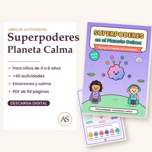 Puede incluir: Un libro de actividades digital titulado Superpoderes Planeta Calma con una portada morada que muestra dos personajes, una nube sonriente y formas geométricas coloridas. El texto incluye 40 actividades y emociones.