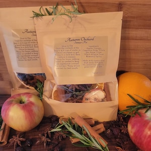May include: Two beige pouches labeled Autumn Orchard Simmer Pot containing dried fruit, cinnamon sticks, star anise, and rosemary. The labels list ingredients and instructions. Fresh apples, an orange, and rosemary sprigs surround the pouches.