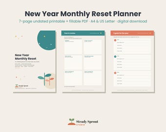 New Year Monthly Reset Planner Printable, Undated Goal Planner, Year in Review, Monthly Habit Tracker, A4 & US Letter, Fillable PDF