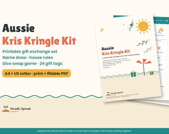 Kris Kringle Printable Kit, Aussie Christmas Gift Exchange, Name Draw Slips, Gift Swap Dice Game, Gift Tags, Office Party, A4 US Letter