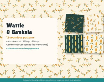 Wattle Banksia Seamless Pattern Pack, Australian Native Flower Digital Paper, Botanical Repeat Pattern, Commercial Use, PNG JPG SVG