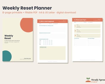 ADHD-Friendly Weekly Review Planner Printable, Weekly Reset Worksheet, Brain Dump, Top 3 Priorities, US Letter & A4, Fillable PDF