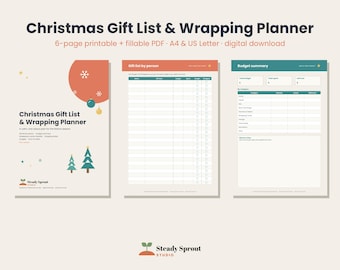 Christmas Gift List & Wrapping Planner Printable, Holiday Budget Planner, Card List, A4 and US Letter, Fillable PDF