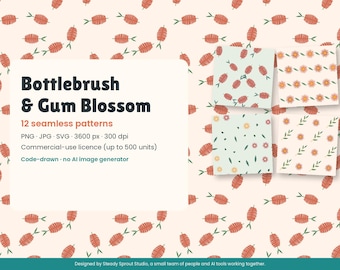 Bottlebrush Seamless Pattern Pack, Gum Blossom Digital Paper, Australian Floral Repeat Pattern, Commercial Use, PNG JPG SVG 300 dpi