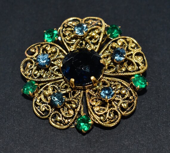 Art Deco Czech Sparkly Blue Green Glass Gold Colo… - image 4