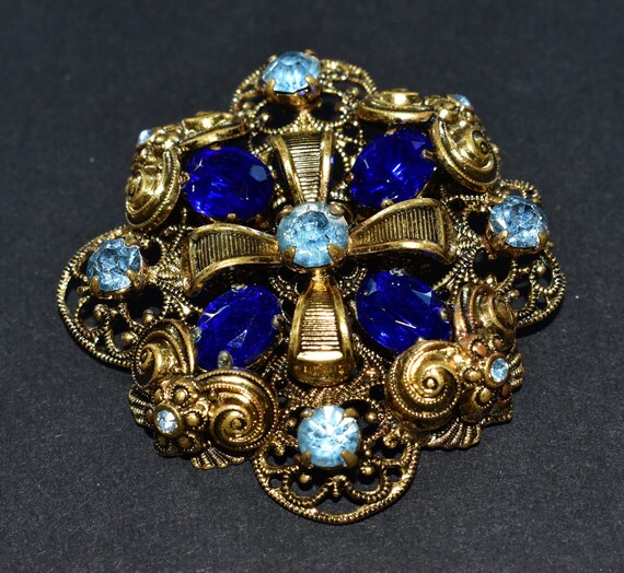 Art Deco Czech Sparkly Blue Glass Gold Coloured B… - image 8