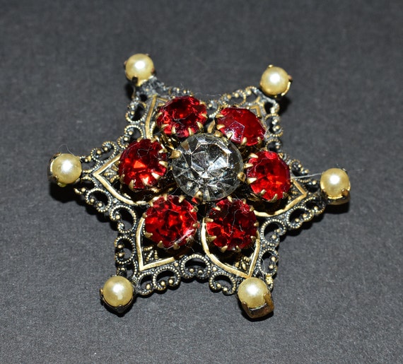 Czech Sparkly Red and Clear Glass Faux Pearl Gold… - image 10