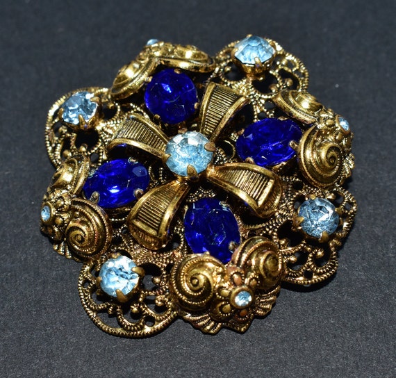 Art Deco Czech Sparkly Blue Glass Gold Coloured B… - image 5