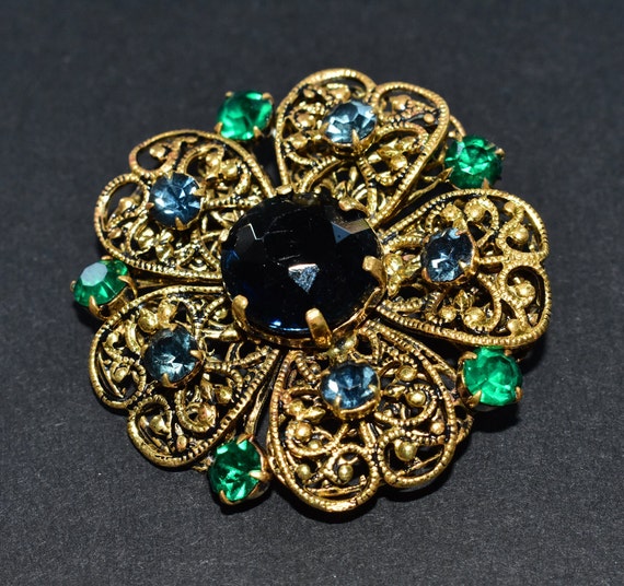 Art Deco Czech Sparkly Blue Green Glass Gold Colo… - image 3