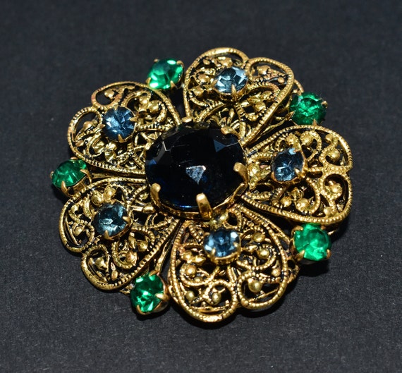 Art Deco Czech Sparkly Blue Green Glass Gold Colo… - image 8