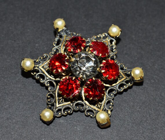 Czech Sparkly Red and Clear Glass Faux Pearl Gold… - image 4
